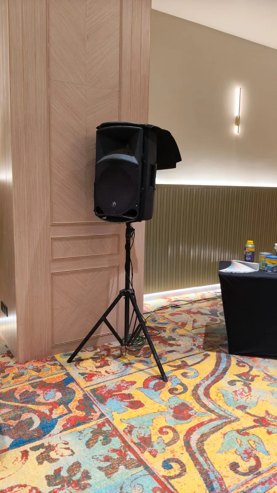 Corporate conference with attendees and stage setup